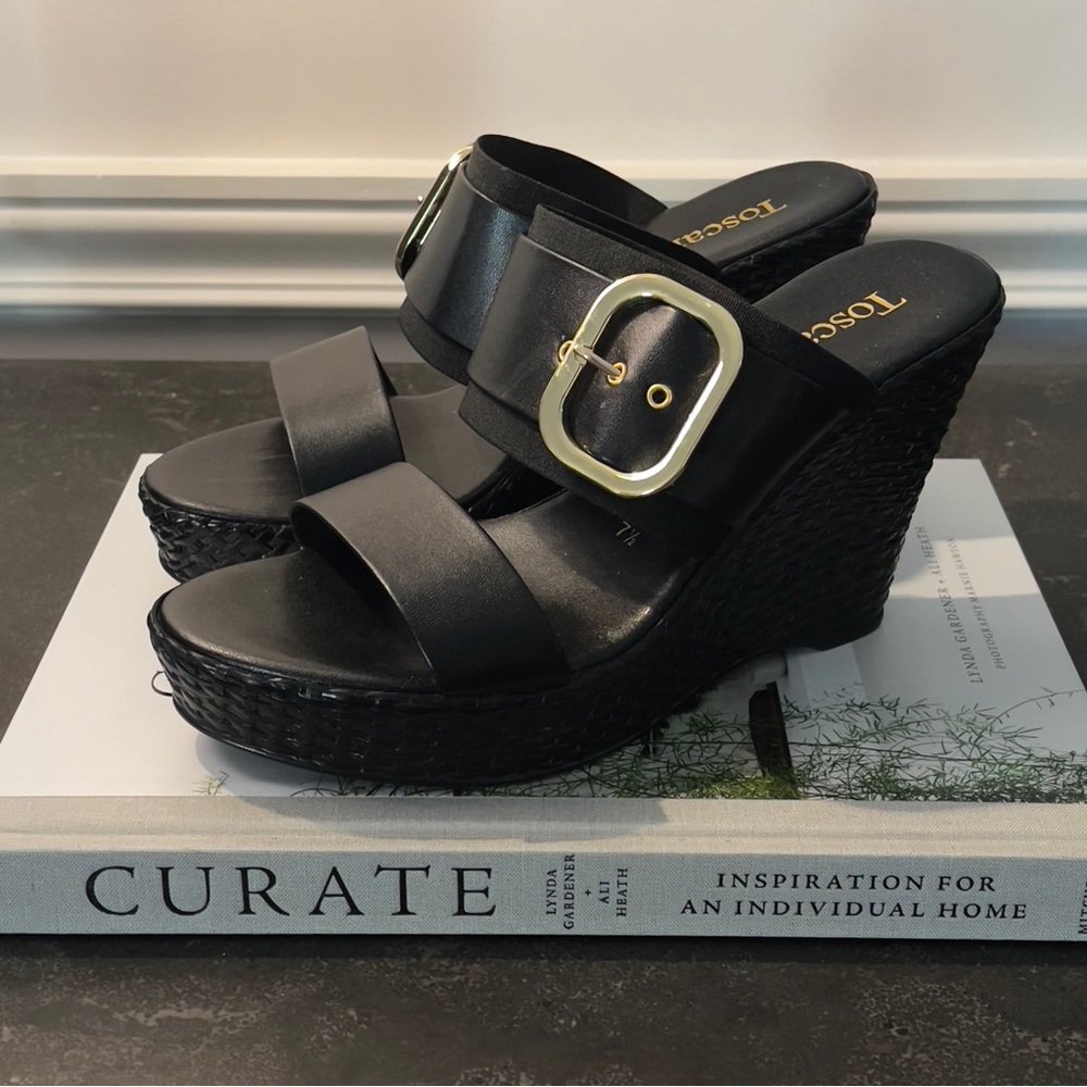 Toscanella Black Leather Woven Wedge Sandals – Made in Italy – Size 7.5